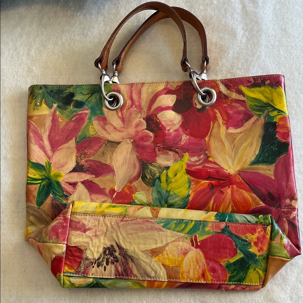 Maurizio Taiuti Floral Leather Tote Bag with Brown Handles - Picture 2 of 4